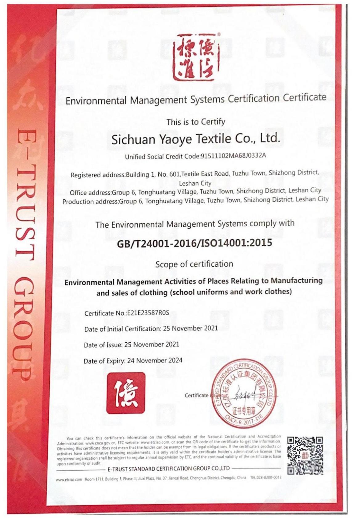 ISO 14001 Environmental System Certification