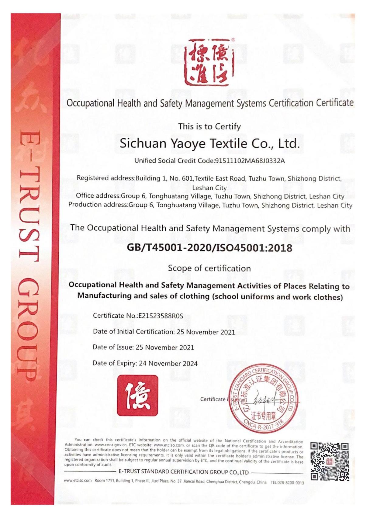 Occupational Health and Safety Management System Certificate